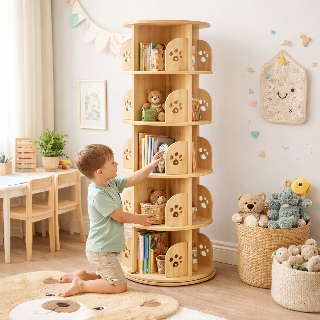 Enfant utilisant la grande tour de rangement rotative Québec à 5 niveaux en bois de pin