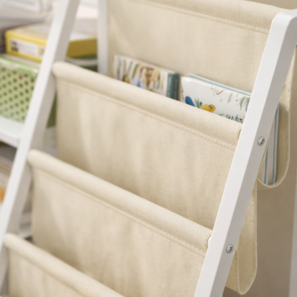 Détail des poches de rangement en tissu beige de la bibliothèque Montessori Kyoto