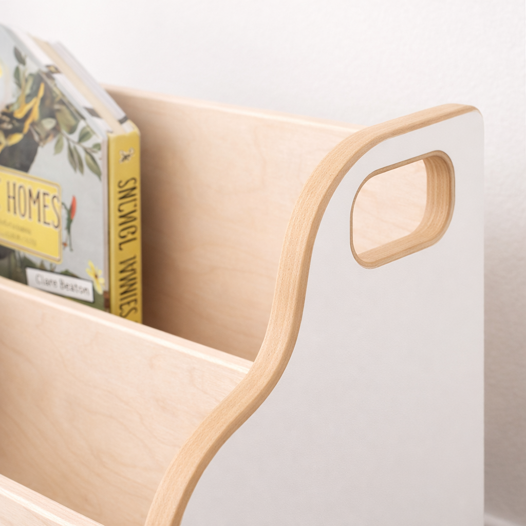 Détail de la poignée intégrée et de la finition soignée de l'étagère Bali