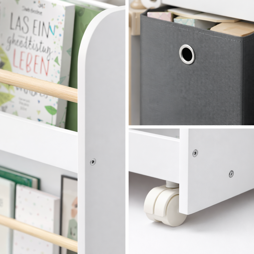 Détail du bac en tissu gris et de la roulette avec frein du meuble Bruges