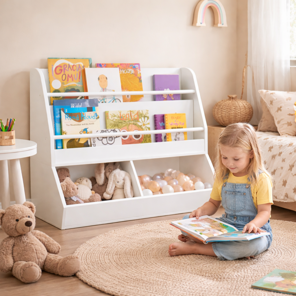 Petite fille assise lisant un livre devant son étagère de rangement Copenhague