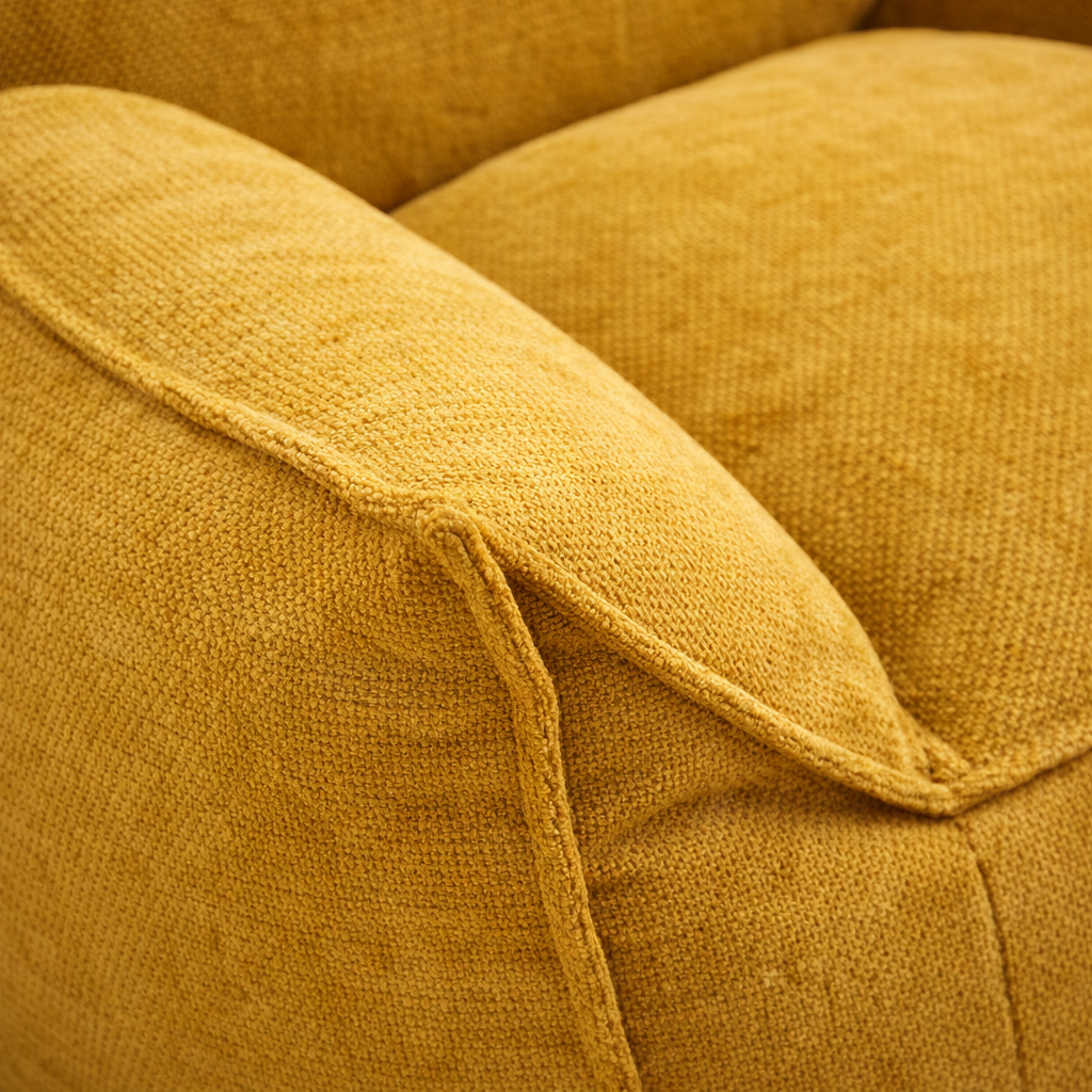 Zoom sur la qualité de notre pouf enfant moutarde