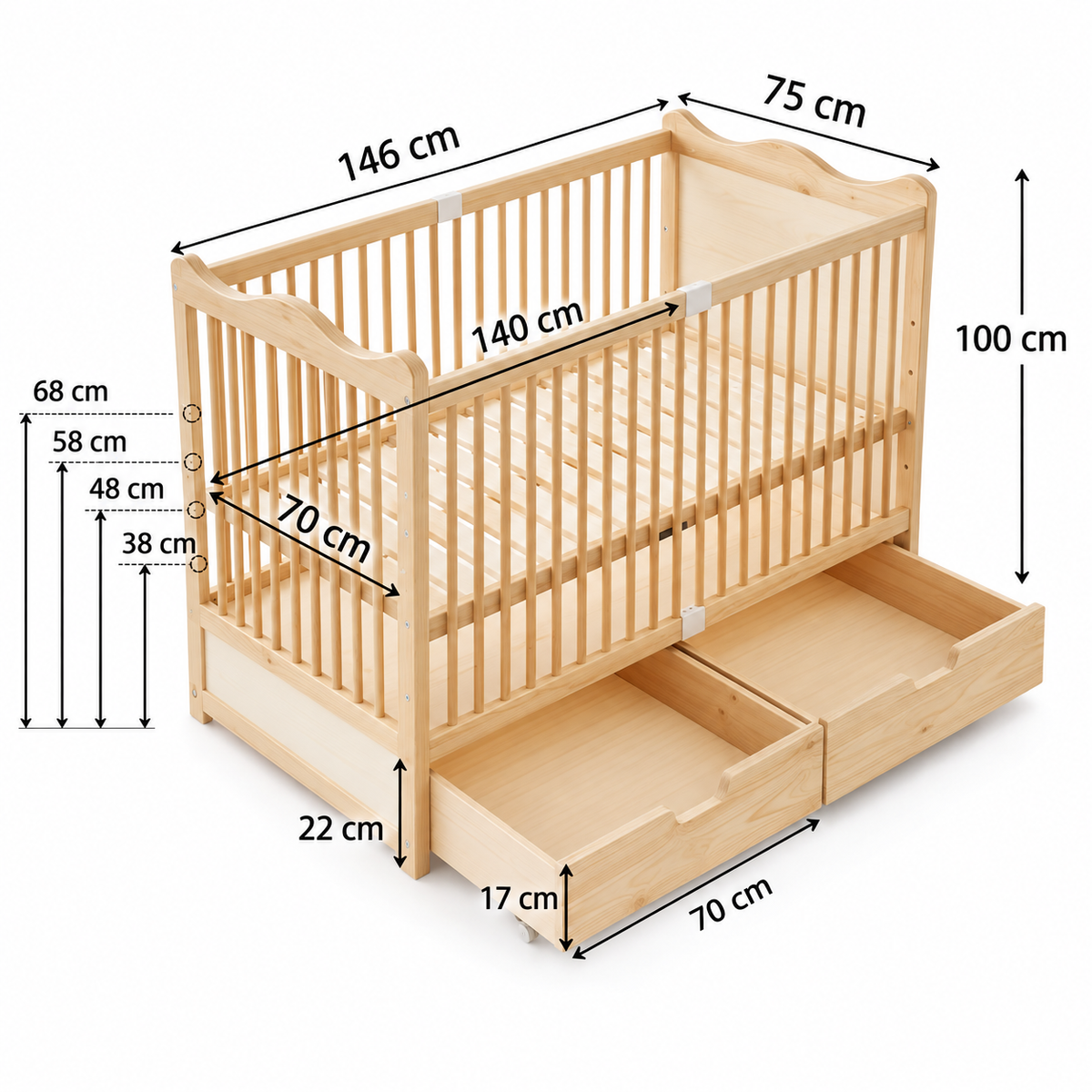 Lit bébé en bois à tiroirs - réglable
