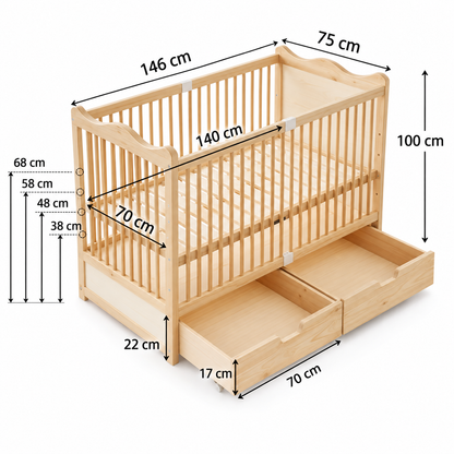 Lit bébé en bois à tiroirs - réglable