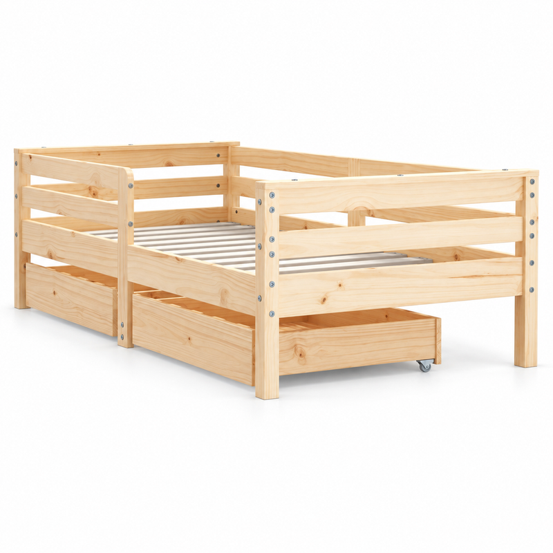 Lit enfant 70x140 en pin massif – Érable, bas avec 2 tiroirs