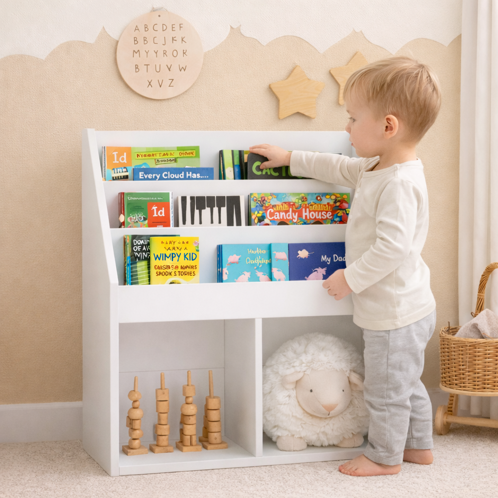 Petit garçon choisissant un livre sur l'étagère Montessori Helsinki blanche