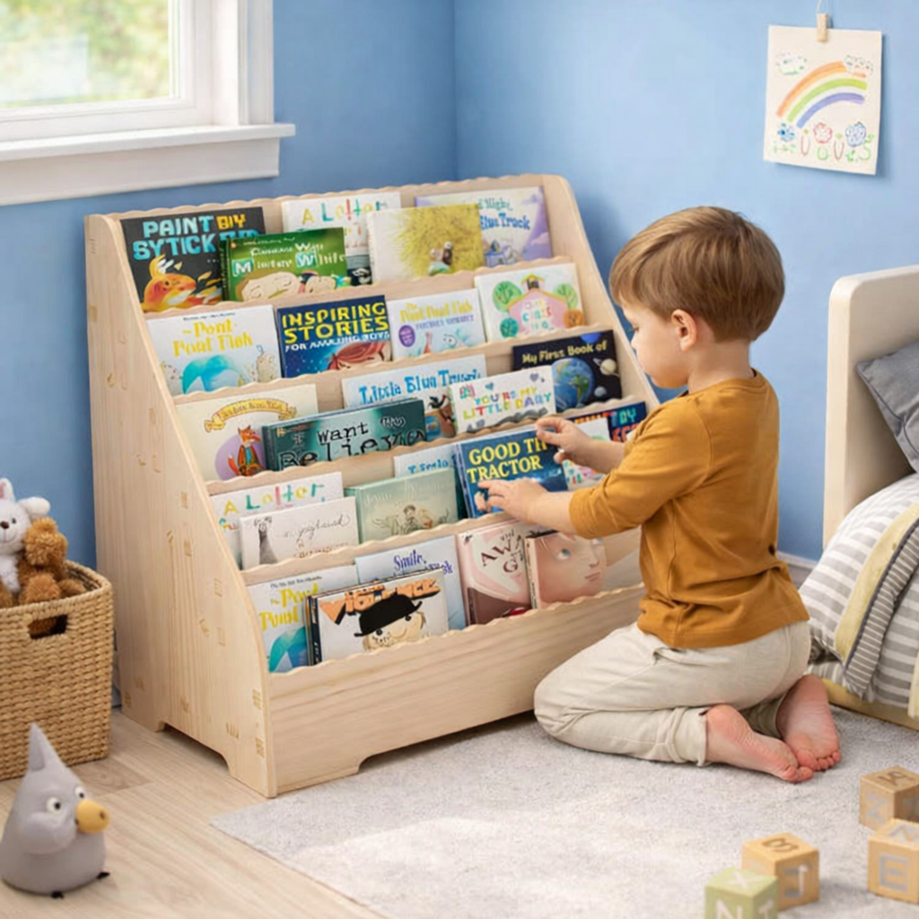 Petit garçon choisissant un livre sur l'étagère Montessori Andorre en bois naturel