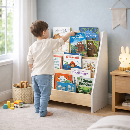 Petit garçon attrapant un livre sur le présentoir frontal de la bibliothèque Cavtat