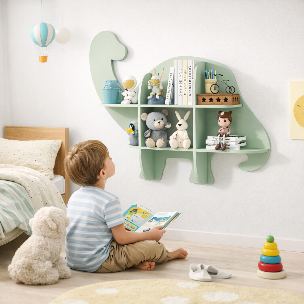 Petit garçon lisant à côté de la bibliothèque dinosaure Alberta fixée au mur