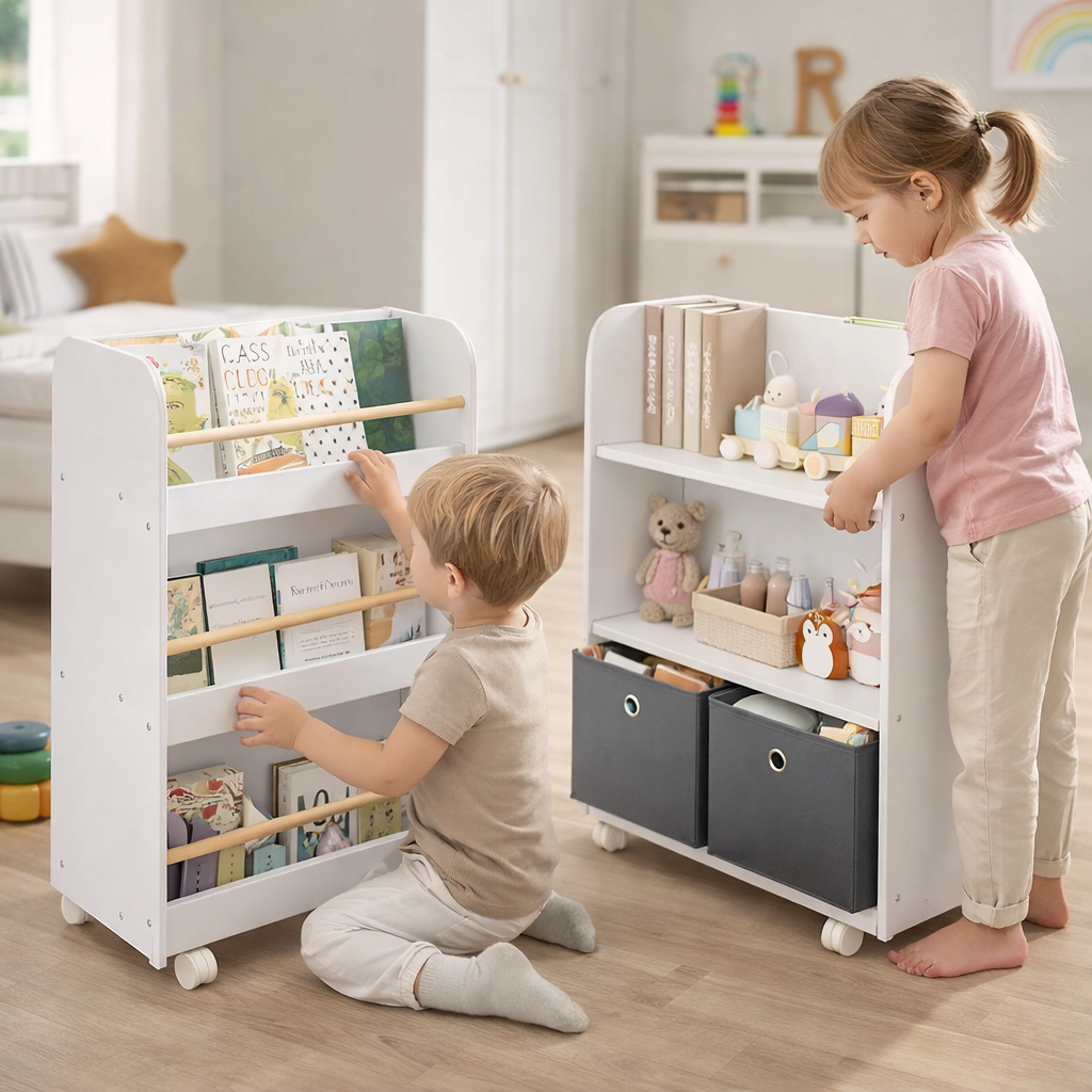 Deux enfants utilisant la bibliothèque double face Bruges sur roulettes