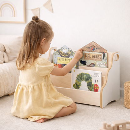 Petite fille choisissant un livre sur le présentoir Montessori Bali en bois clair