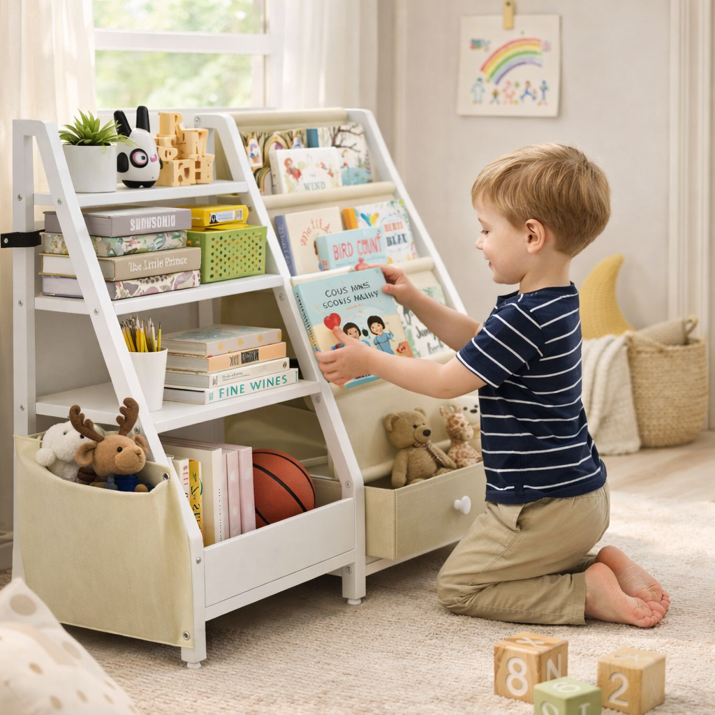 Petit garçon rangeant des jouets dans le tiroir de la bibliothèque Kyoto