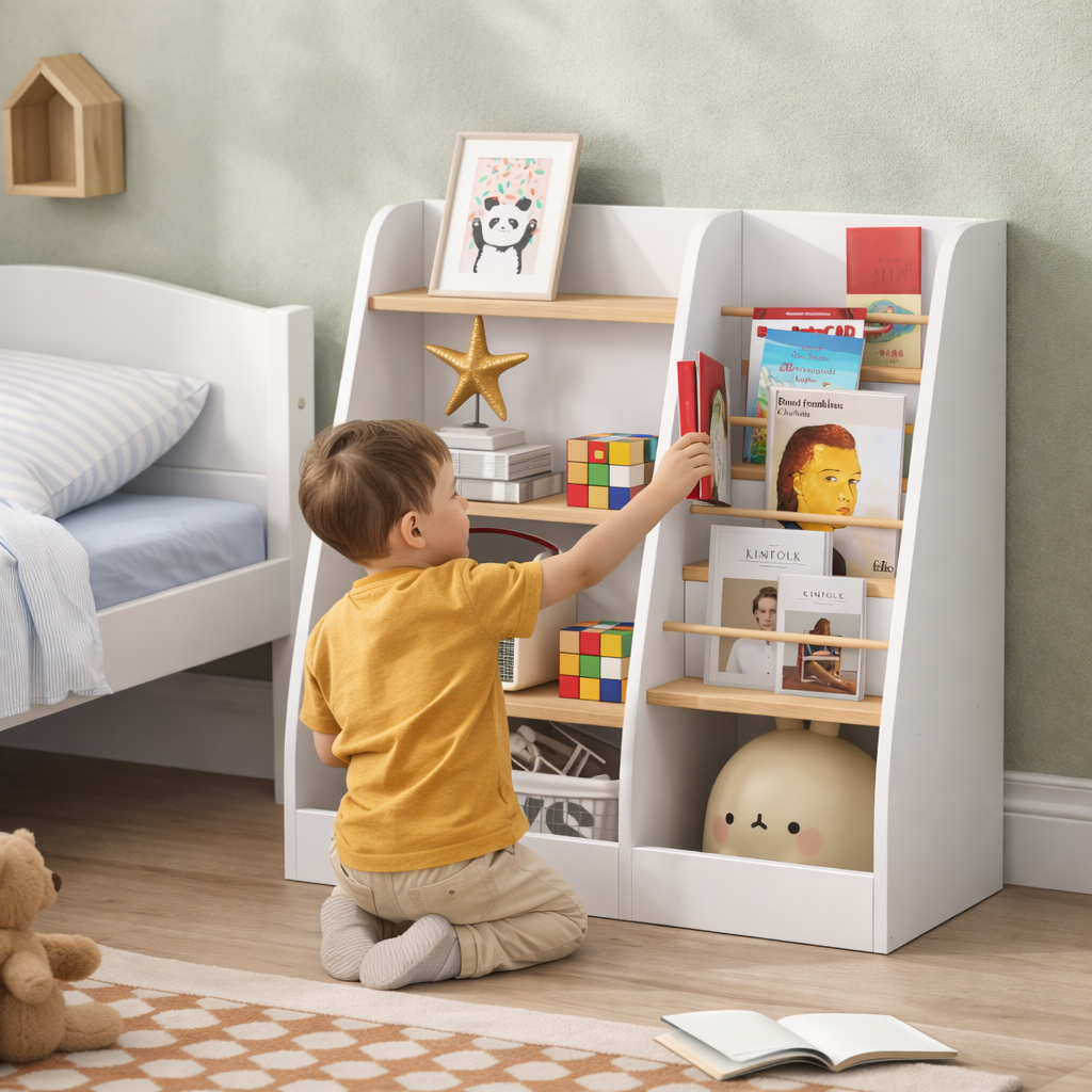 Enfant choisissant un livre sur les étagères de la bibliothèque Montessori Stockholm