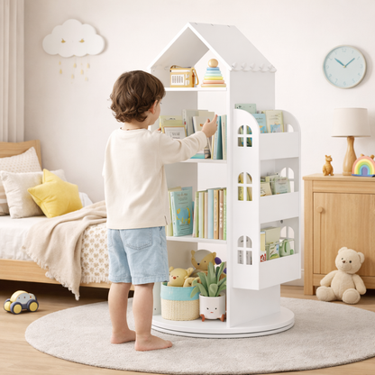 Enfant faisant pivoter la bibliothèque à 360 degrés modèle Séoul pour choisir un livre