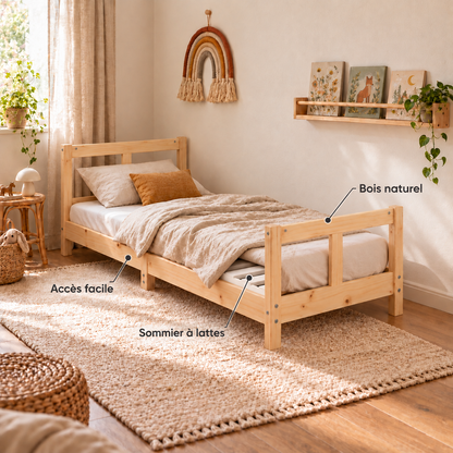 Lit enfant 80x160 en pin massif – Tilleul, bas à tête et pied de lit