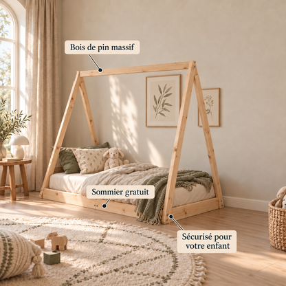 Lit cabane 70x140 en pin massif – Cèdre, tipi au sol