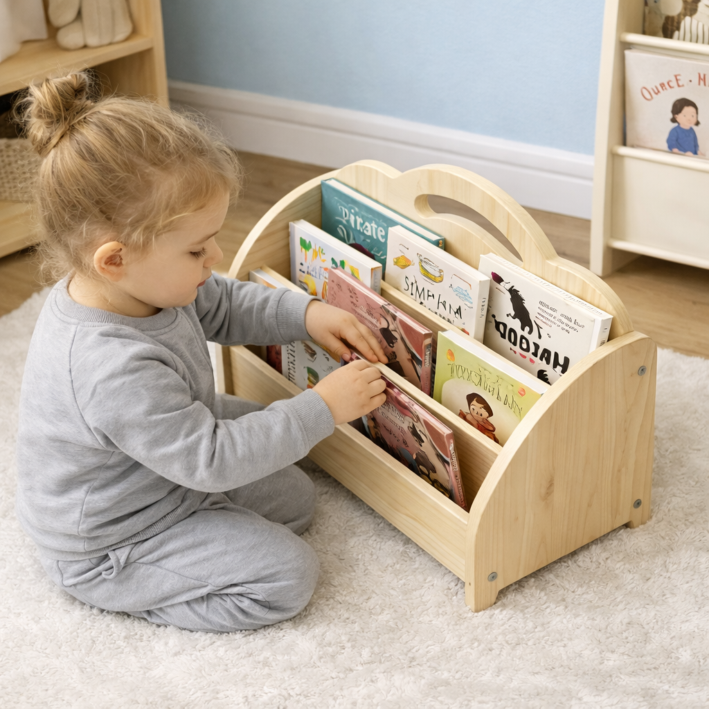 Enfant choisissant un livre dans le présentoir frontal de la bibliothèque Vienne