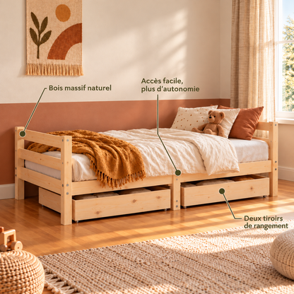 Lit enfant 80x160 en pin massif – Érable, bas avec 2 tiroirs