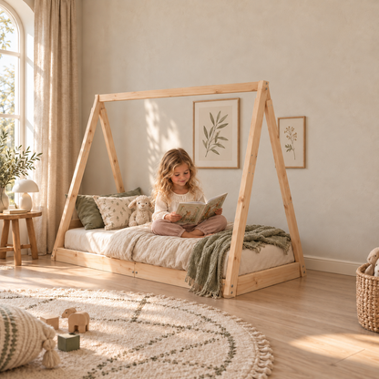 Lit cabane 70x140 en pin massif – Cèdre, tipi au sol