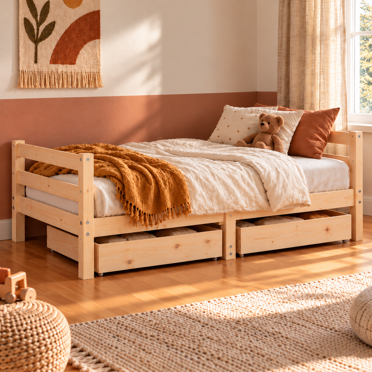 Lit enfant 80x160 en pin massif – Érable, bas avec 2 tiroirs