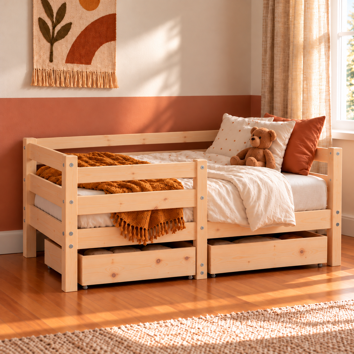 Lit enfant 70x140 en pin massif – Érable, bas avec 2 tiroirs