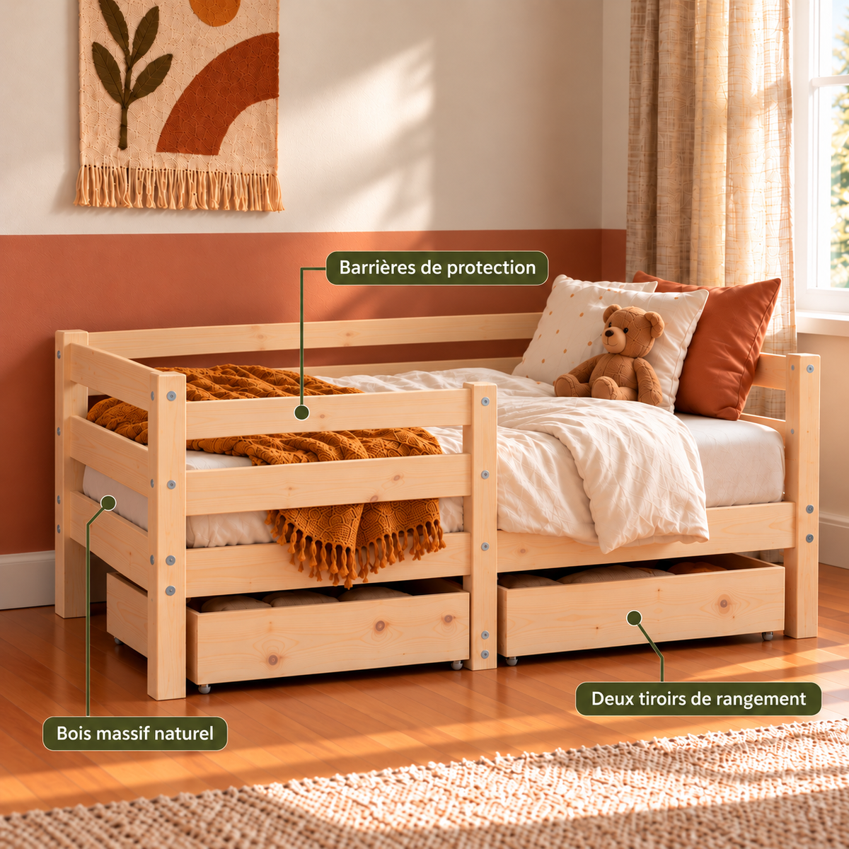 Lit enfant 70x140 en pin massif – Érable, bas avec 2 tiroirs