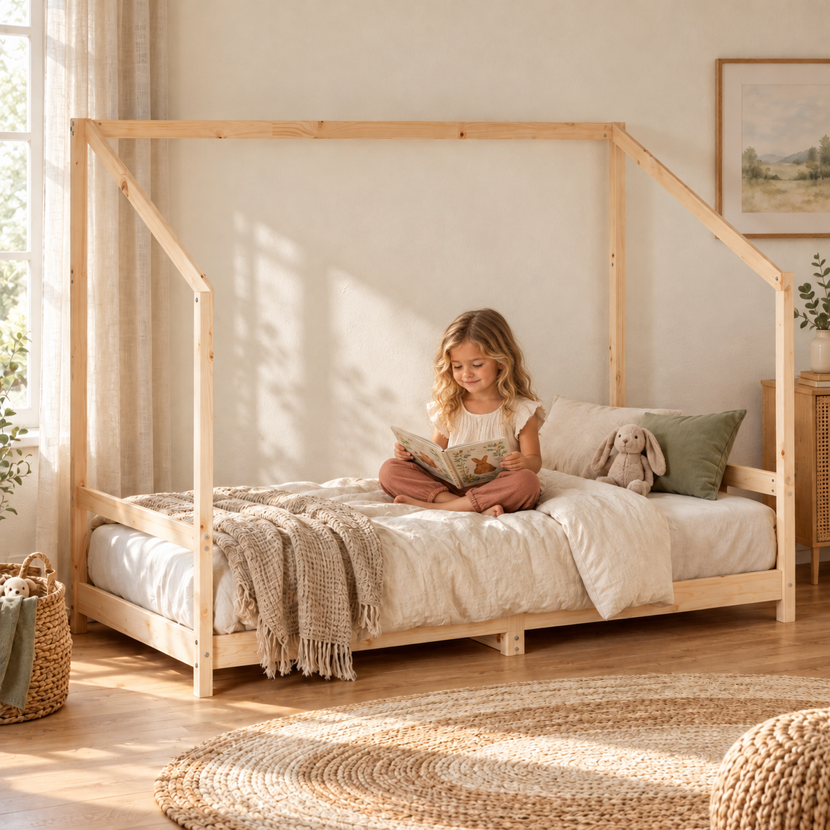 Lit cabane 90x190 en pin massif – Frêne, toit asymétrique ouvert
