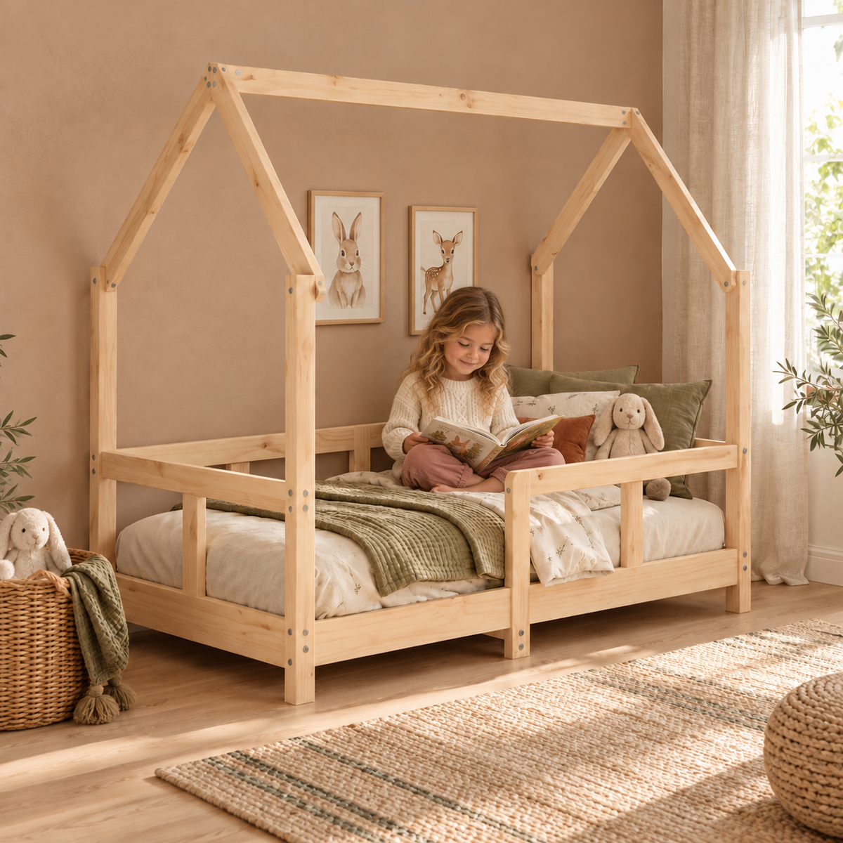 Lit cabane 70x140 en pin massif – Charme, toit pentagonal
