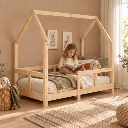 Lit cabane 70x140 en pin massif – Charme, toit pentagonal