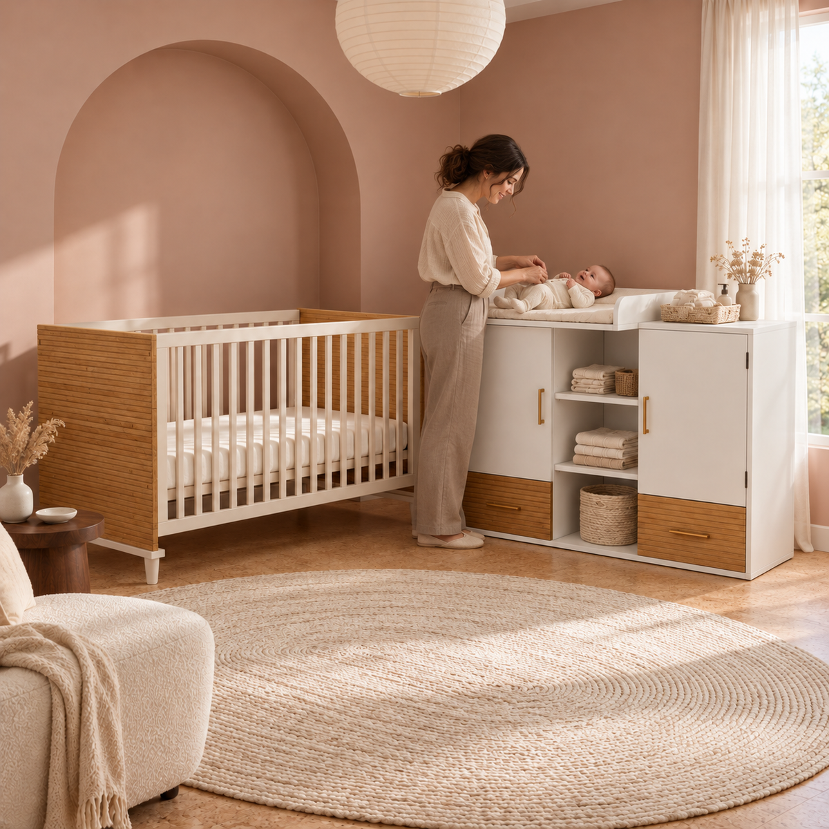 Ensemble lit bébé et table à langer avec rangements