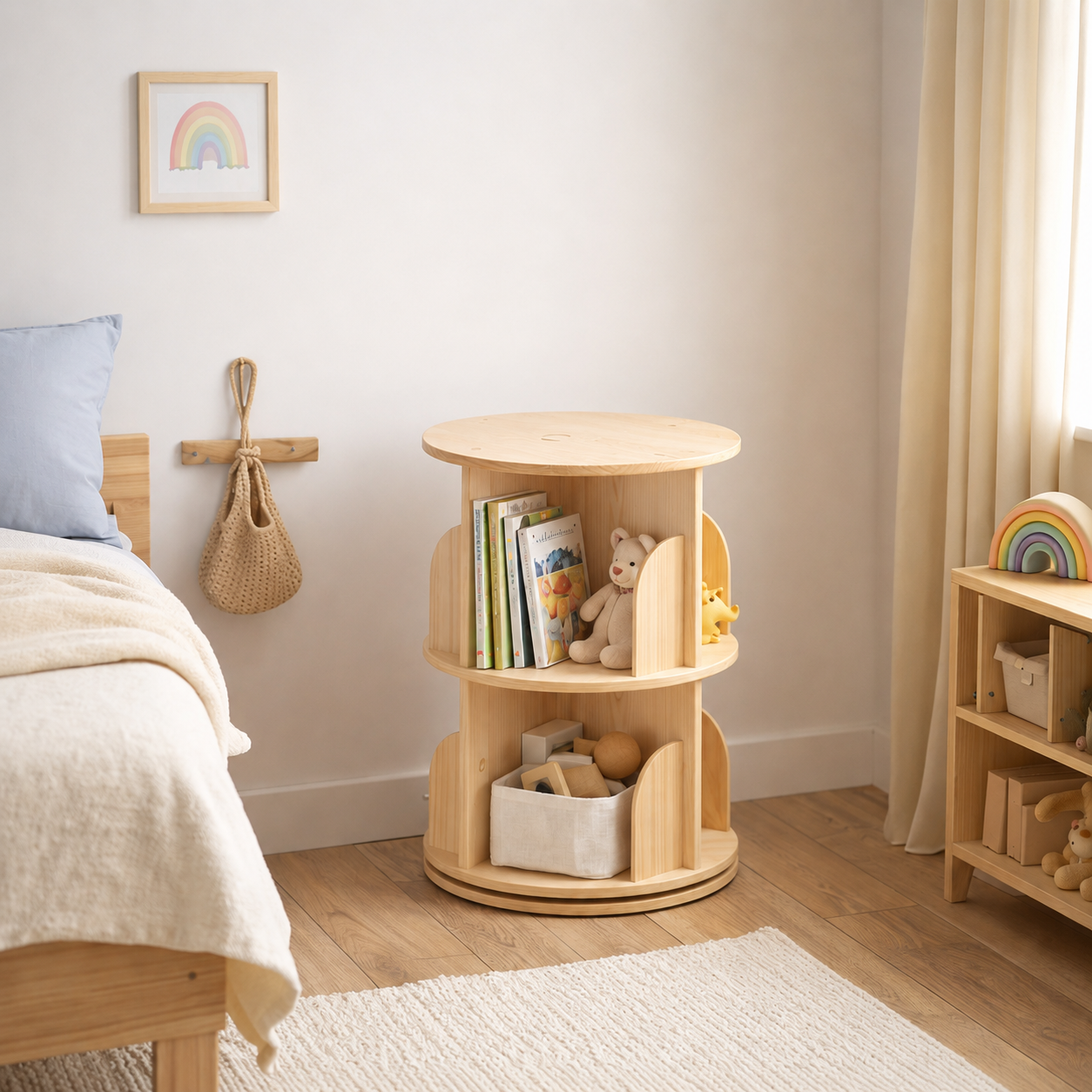 Bibliothèque Enfant Tournante en Bois Naturel 2 étages - Rangement Montessori