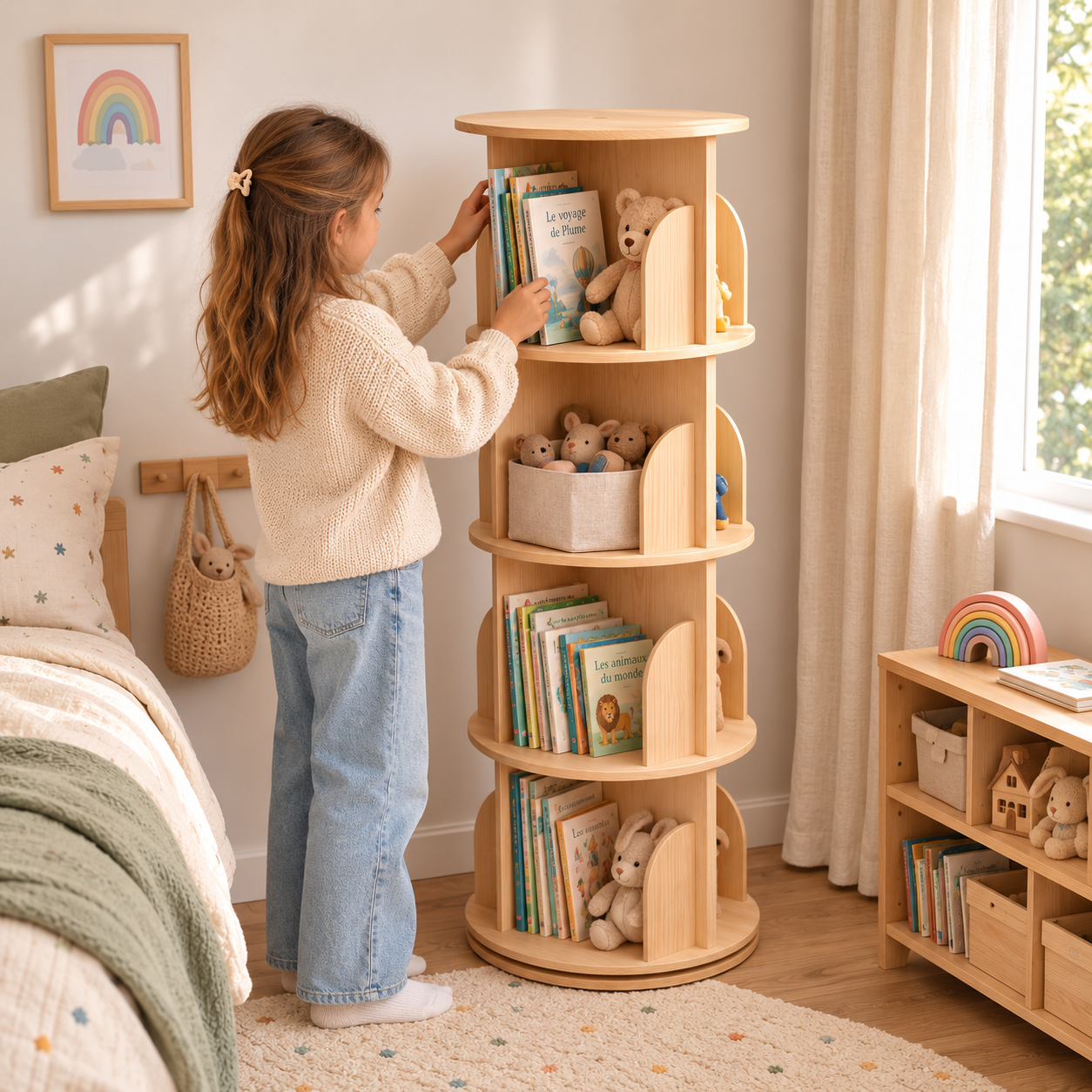 Bibliothèque Enfant Tournante en Bois Naturel 4 étages - Rangement Montessori
