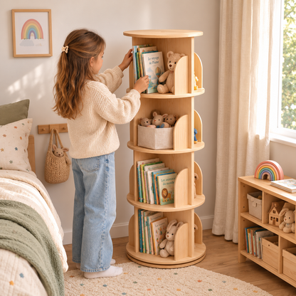 Bibliothèque Enfant Tournante en Bois Naturel 4 étages - Rangement Montessori