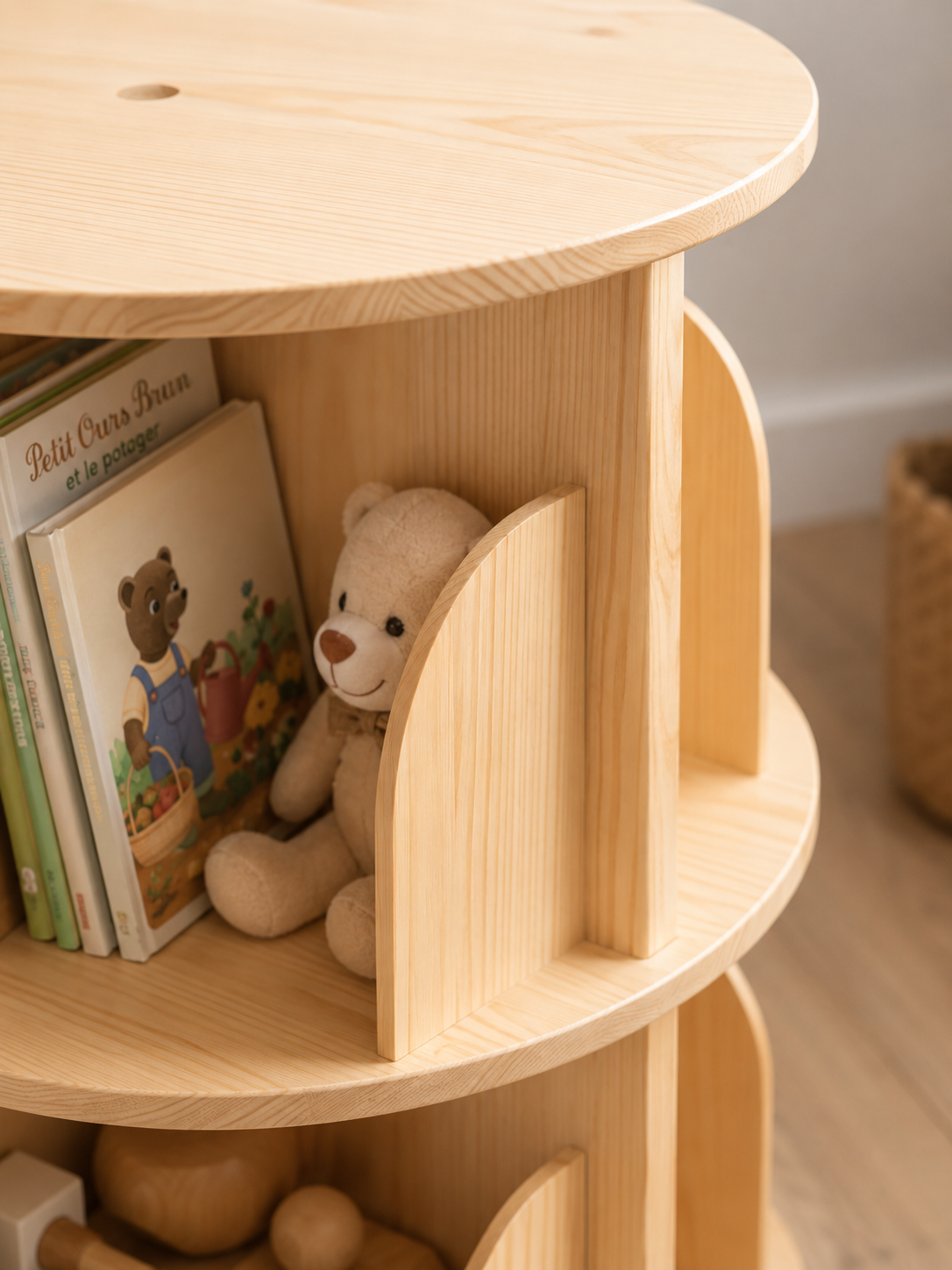 Bibliothèque Enfant Tournante en Bois Naturel 2 étages - Rangement Montessori