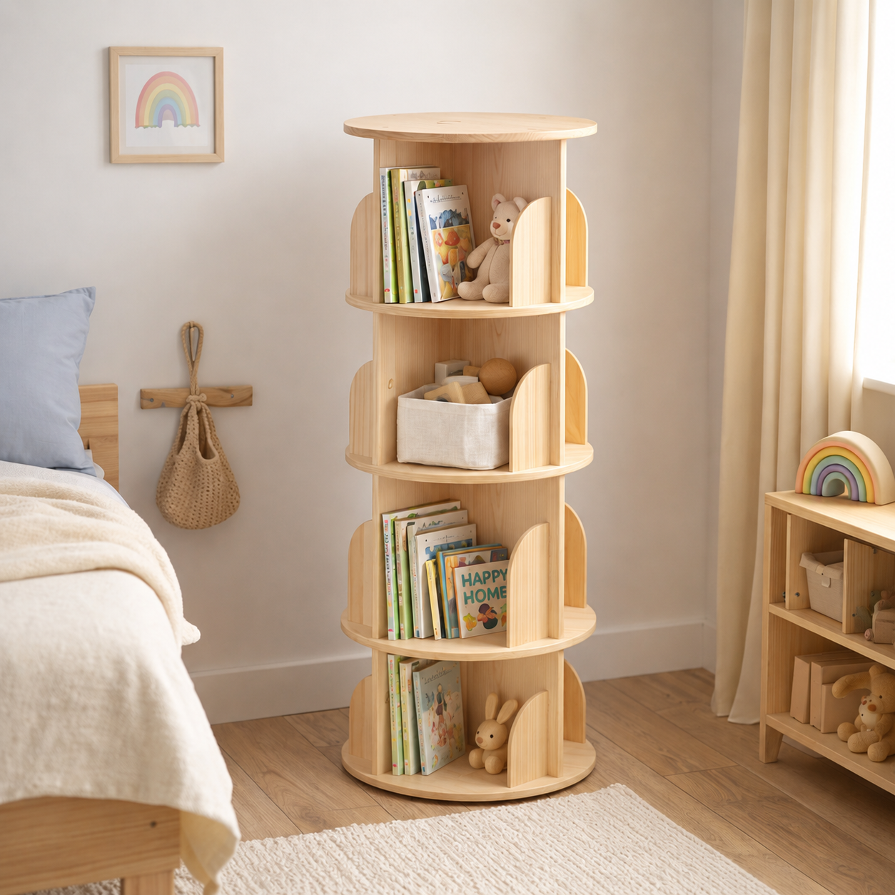 Bibliothèque Enfant Tournante en Bois Naturel 4 étages - Rangement Montessori