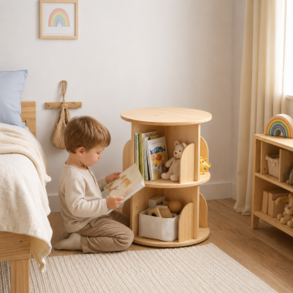 Bibliothèque Enfant Tournante en Bois Naturel 2 étages - Rangement Montessori