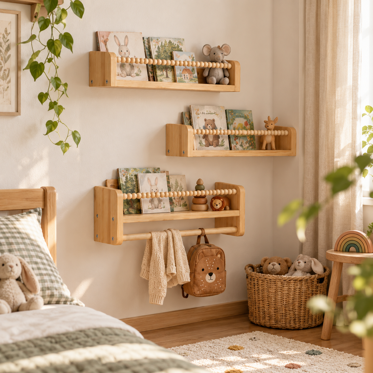 Des étagères murales dans une chambre aux tons naturels