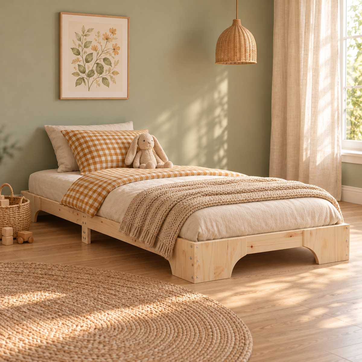 Lit enfant 90x190 en pin massif – Orme, plateforme basse épurée