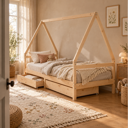 Lit cabane 90x190 en pin massif – Saule, maison avec 2 tiroirs