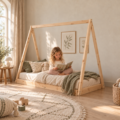 Lit cabane 80x160 en pin massif – Cèdre, tipi au sol