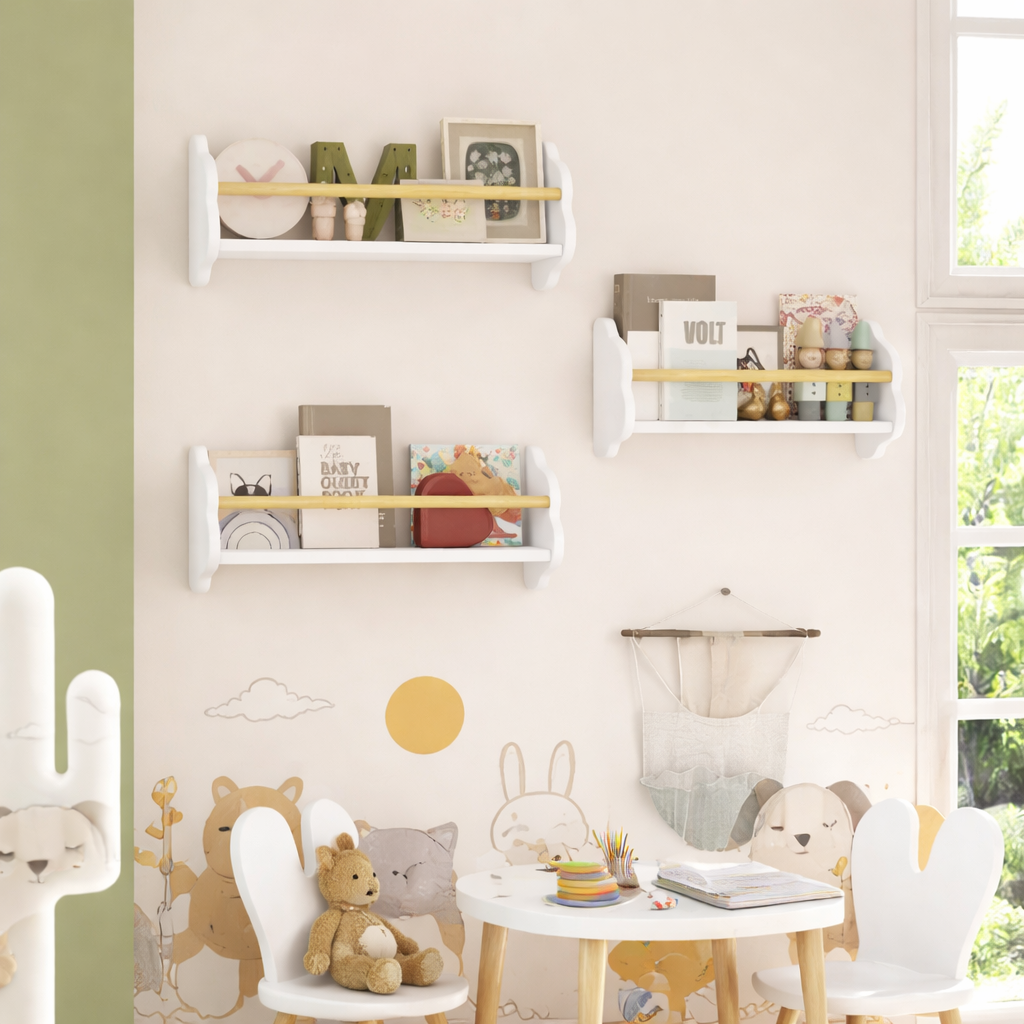 Composition murale avec 3 étagères blanches Nuuk dans un coin lecture Montessori