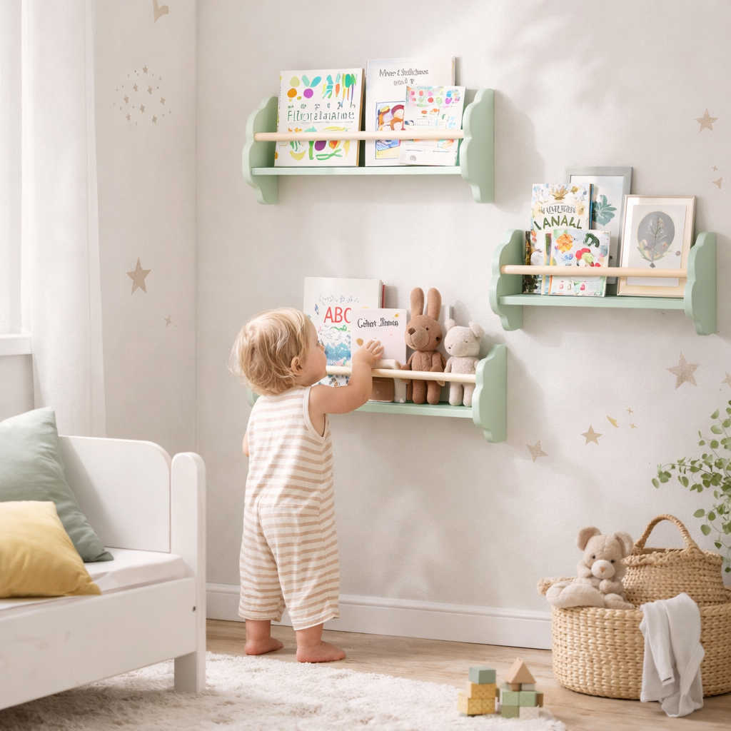 Enfant rangeant ses petits trésors sur l'étagère nuage Nuuk verte