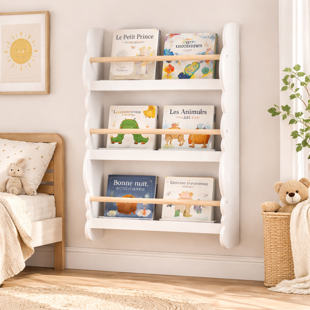 Décoration murale poétique avec la bibliothèque blanche Laponie dans une chambre d'enfant