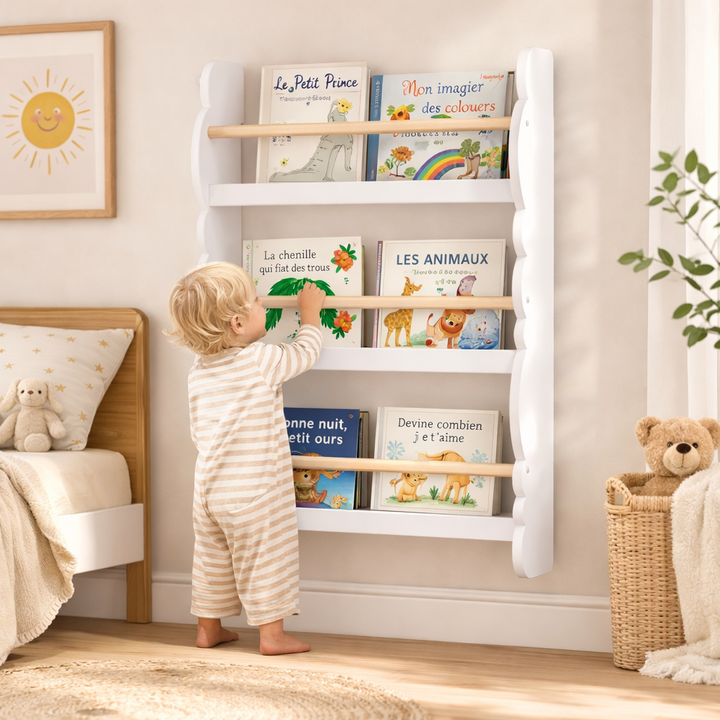 Petit garçon attrapant un livre sur l'étagère Montessori nuage Laponie blanche