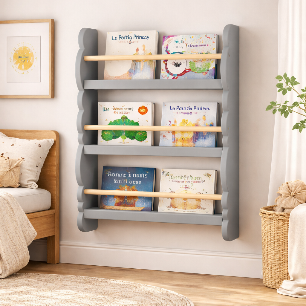 Ambiance douce et naturelle avec la bibliothèque nuage grise fixée au mur