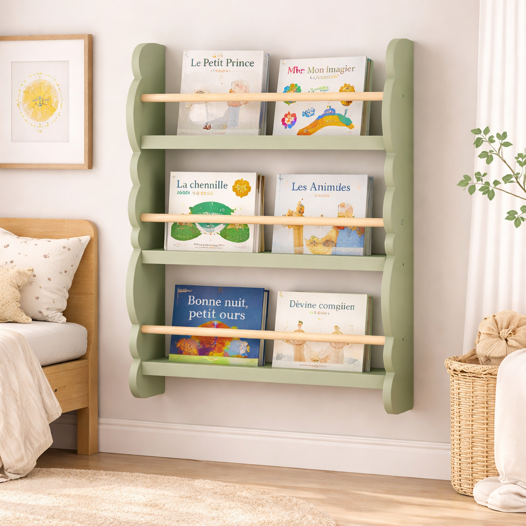 Ambiance douce et naturelle avec la bibliothèque nuage verte fixée au mur