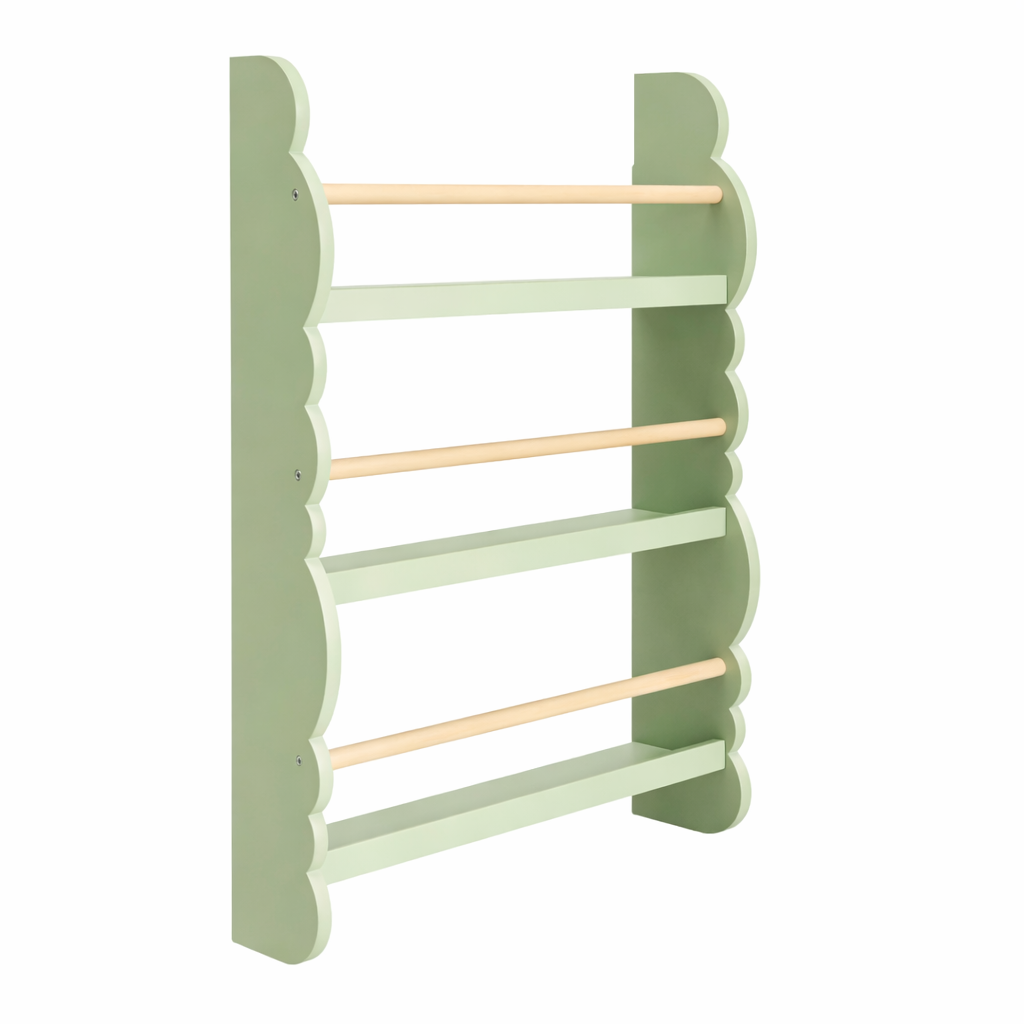 Étagère murale enfant Laponie vert sauge avec montants en forme de nuage