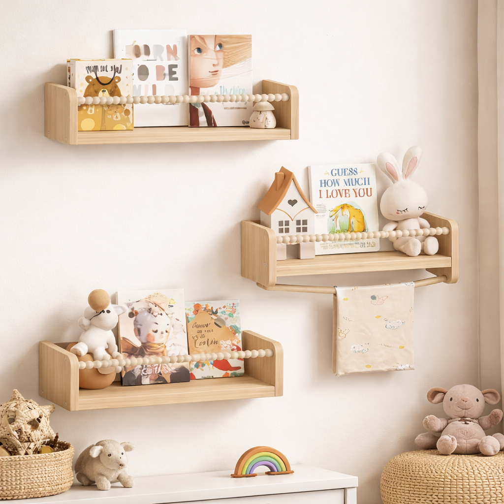 Décoration murale Montessori avec 3 bibliothèques Marrakech de tailles différentes