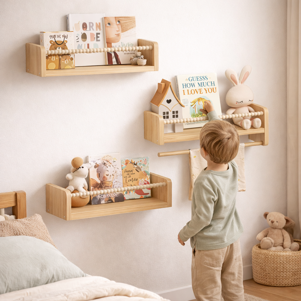 Petit garçon choisissant un livre sur l'étagère murale bois de pin Marrakech