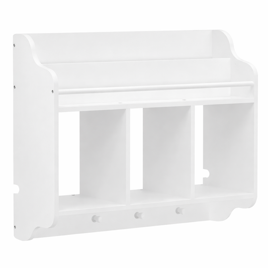 Bibliothèque murale enfant Oxford blanche en bois avec 3 niches et 4 patères